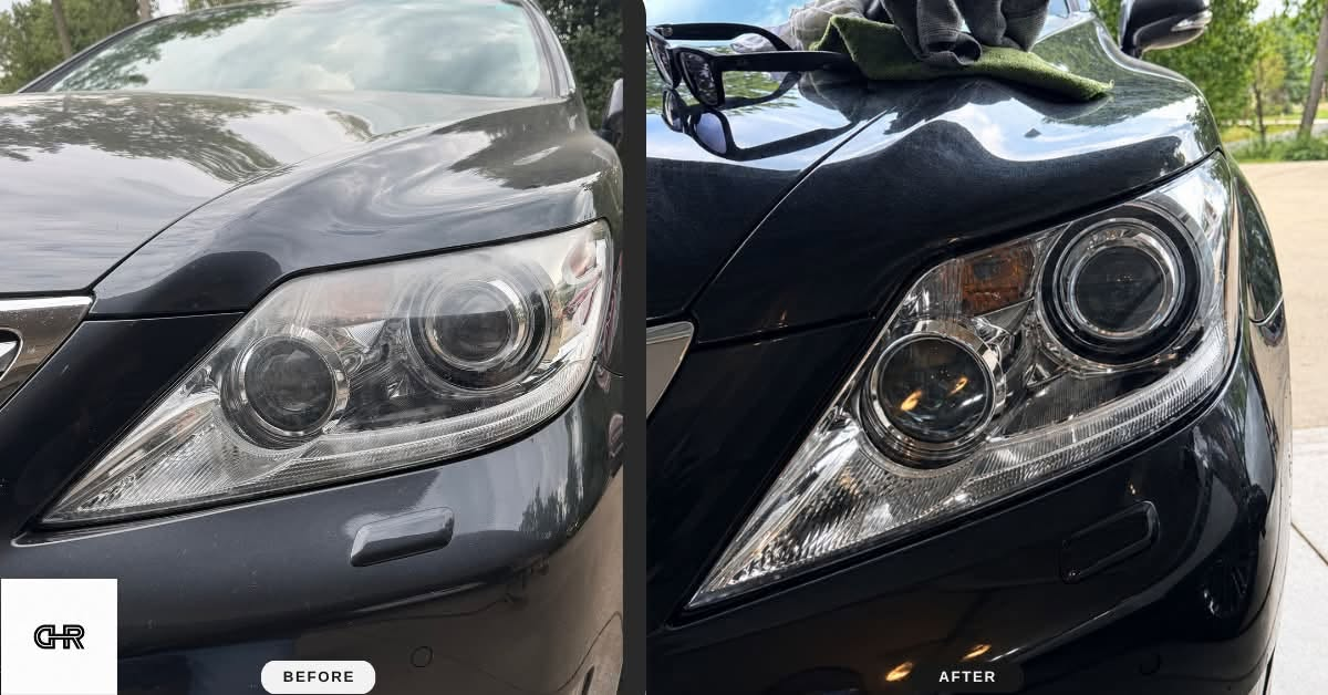 Luxury sedan headlight before and after restoration
