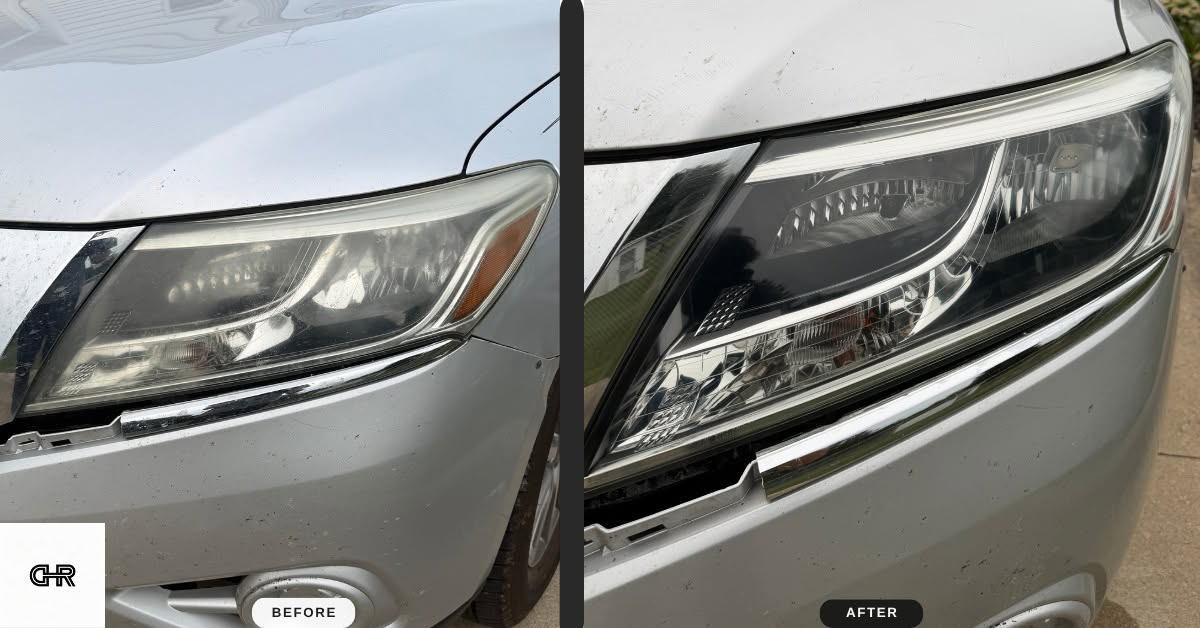 Silver SUV headlight before and after restoration