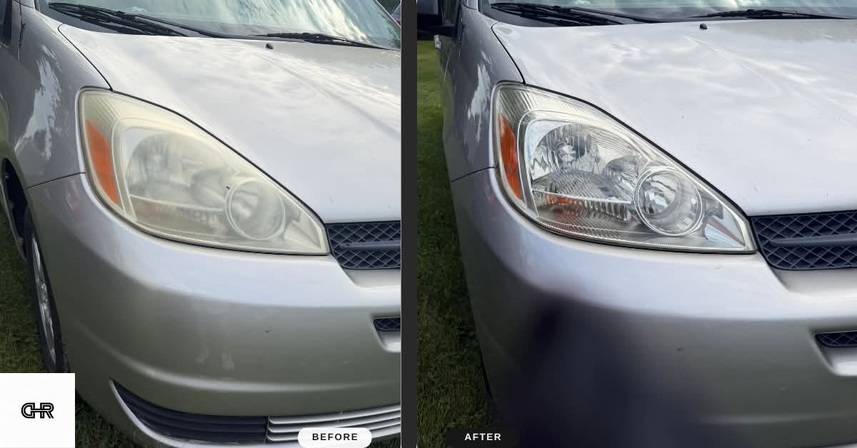 Minivan headlight before and after restoration