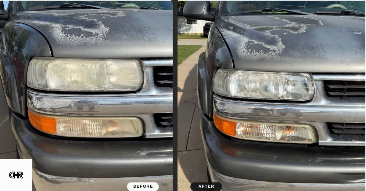 Pickup truck headlight before and after restoration